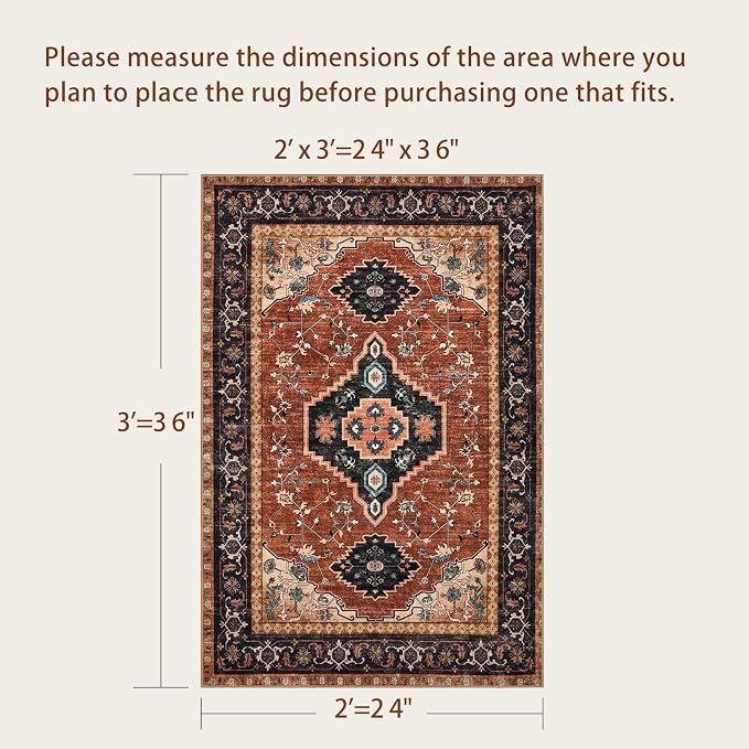 Tangsoo Oriental 2X3 Washable Rugs, Orange Vintage Non Slip Small Area Rug Carpet, Indoor Front Door Rug for Entryway, Door Mat Indoor Entrance Soft Low Pile Throw Rugs for Entry Kitchen Bedroom