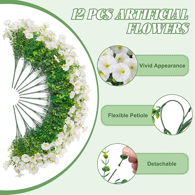 Hrobek Artificial Flowers for Outdoors, 12 Bundles Fake Plastic Petunias Flower Plant, Faux Colorful Silk Morning Glory for Outside Planter Garden Front Porch Door Spring Summer Decor,White