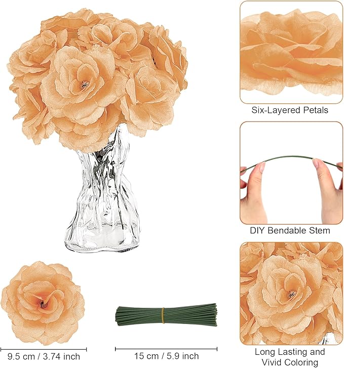 LELEE Rose Head Flowers with Stem - 108pcs Nude & Brown Faux Rose Artificial Flowers Bulk - Silk Rose Tan Flower for Wedding Bouquet Party Home Decor DIY Baby Shower Centerpieces Tables Decoration
