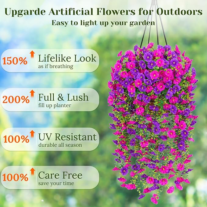 Dolicer 4 Packs Look Real Artificial Flowers for Outdoors, Fake Artificial Hanging Flowers for Outdoors Realistic UV Resistant Hanging Flowers Silk Petunia Faux Flowers for Porch Patio(Purple+Fuchsia)