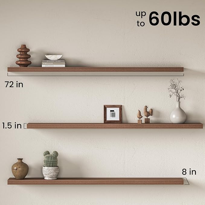 Fun Memories 72Inch Long Floating Shelves, 8 Inch Deep Shelves for Bedroom|Living Room, Wall Mounted Wood Hanging Shelf with Invisible Brackets for Fireplace Mantel Home Storage Decor, Walnut - 1 Pack