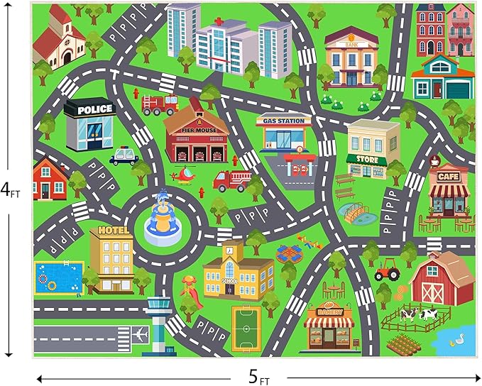 Kids Room Rug - Soft & Non-Slip 4x5 Ft Town Car Rugs City Map Play Mat, Childrens Road Carpet Washable Playmat for Classroom Nursery Bedroom Boys