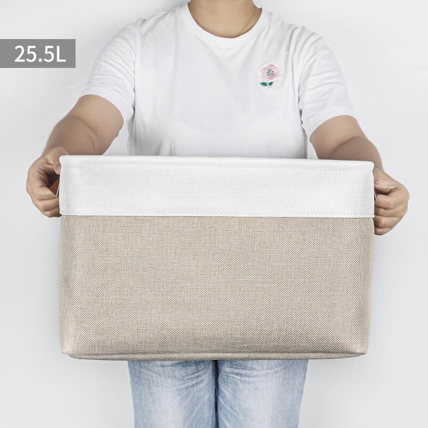 Storage Bins Large Fabric Storage Baskets for Shelves 3 Pack, Decorative Linen Closet Baskets with Handles for Organizing, Shelf, Clothes, Home, Office, 15x11x9.5Inches (Beige&White)