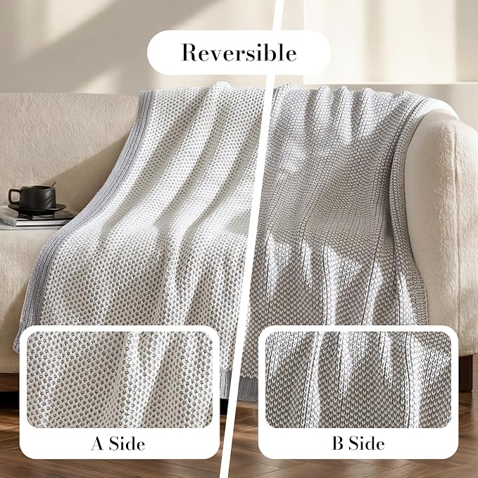 Amélie Home Honeycomb Knit Throw Blanket for Couch, Dual-Sided Soft Chenille Decorative Blankets for Sofa & Chair, 50"x60", Gray & White