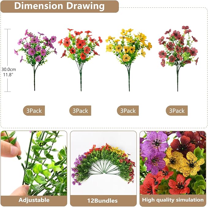 ZFProcess Artificial Flowers Faux Plants Outdoor Fake Flowers Spring Decor,12 Bundles Outdoor Flower Plastic Plant Colorful Daisy UV Resistant for Summer Decor Porch Patio Yard Garden Pot Planters