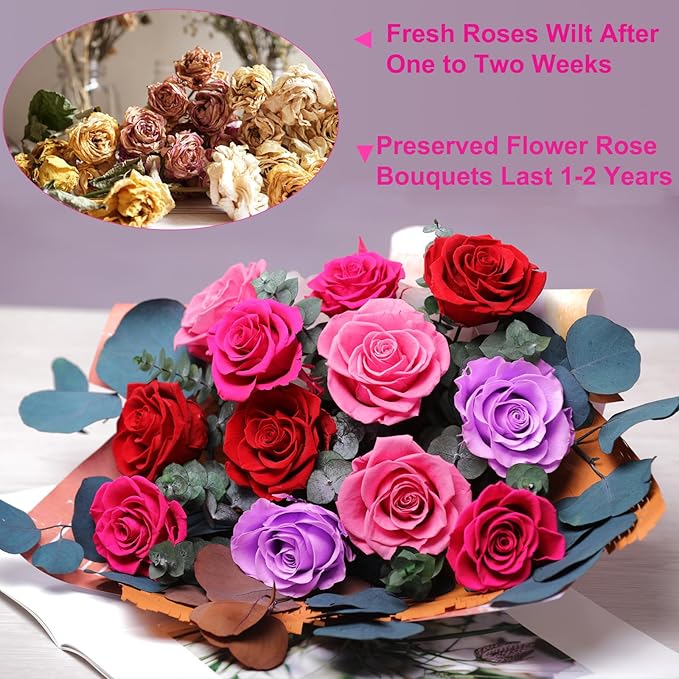 Lovenfold Flowers for Delivery Birthday Flowers Gift for Her,Preserved Flowers Bouquet 12 Roses Mixed Bouquet,Rose Gifts for Women Mom Grandma(Mixed 12 Reddish-B Roses)