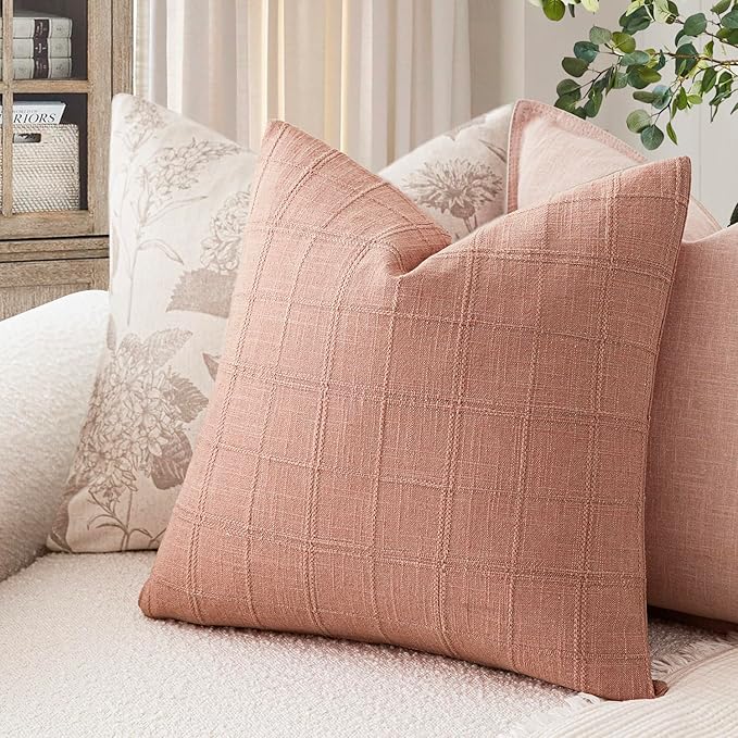 Foindtower Set of 2 Decorative Linen Check Throw Pillow Covers Neutral Farmhouse Vintage Cushion Covers Modern Boho Accent Home Decor for Sofa Chair Couch Bedroom Living Room,26×26 Inch,Coral Pink