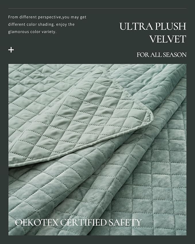 Luxury Velvet King Quilt Set, Ultra Soft Lightweight Velvet Comforter Set, Oversized Bedspread Coverlet with 2 Shams Diamond Pattern, for All Season (Aqua Green)
