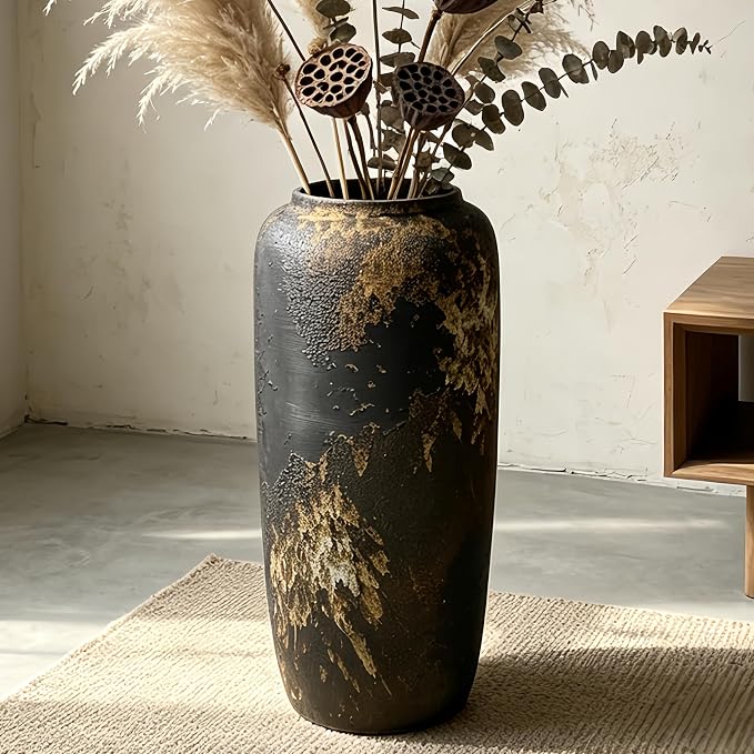 Black Rustic Ceramic Tall Floor Vase, 15.7 Inch Vintage Large Farmhouse Vase Pottery Clay Terracotta Rustic Vases for Home Decor Living Room Entryway Table Centerpieces,Kitchen,Housewarming Gifts