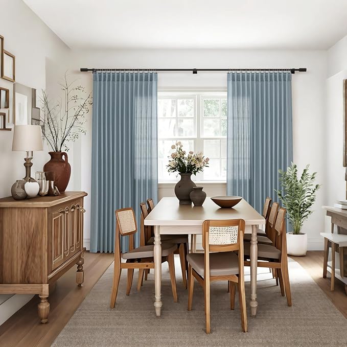 Jowels Blue Linen Curtains 63 Inch Long 2 Panels for Living Room | Light Filtering Semi Sheer Curtain, Back Tab Pocket Pleated Look, Boho Farmhouse Textured Privacy Drapes for Bedroom Window