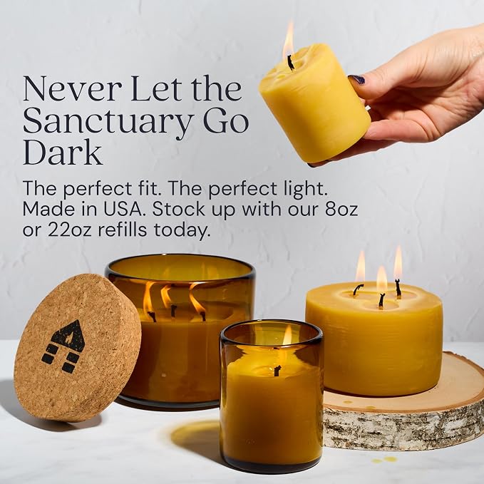 Bluecorn Beeswax Candle Refill – 8oz Amber Glass Jar, 100% Pure Beeswax, Unscented – 35 Hr Long Burn, Cotton Wick, Non Toxic – Handmade in USA, 1 Count