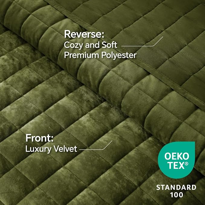 BEDELITE Velvet Quilt Set King Size - Luxury Soft Velvet Comforter Bedding Set for All Season, Lightweight Quilted Box Stitch Oversized Bedspread Coverlet with 2 Matching Shams, Olive Green