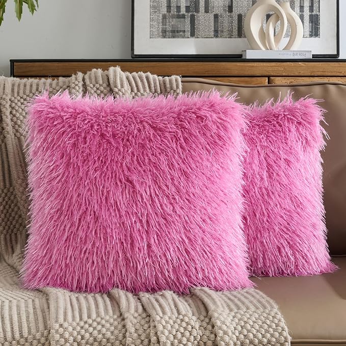 FUTEI Pack of 2 Shaggy Mongolian Faux Wool Throw Pillow Covers 18x18 Inch Soft Decorative Cushion Case for Couch Bed Living Room, Hot Pink