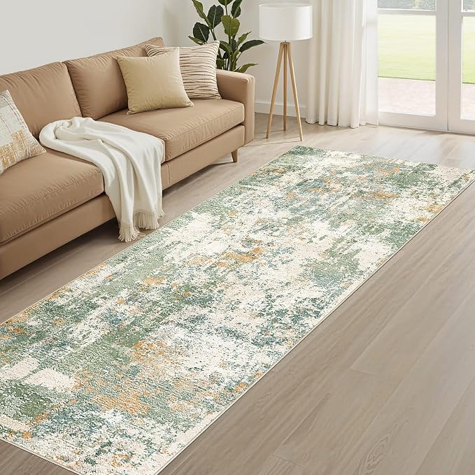 Runner Rug Kitchen Washable Rugs: 2x10 Non-Slip Abstract Soft Modern Stain Resistant Indoor Floor Neutral Accent Throw Carpet for Hallway Bathroom Laundry Room Entryway Bedroom- Green