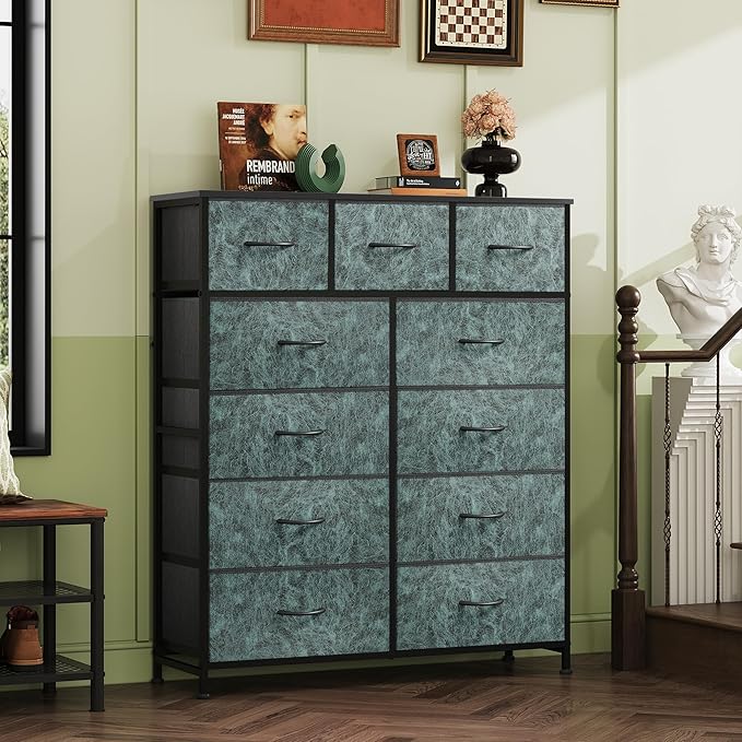 WLIVE Storage Organizer Unit with 11 Fabric Bins, Storage Drawers Organizer with Steel Frame, Tall Storage Tower Organizaton for Living Room, Hallway, Office, Vintage Green