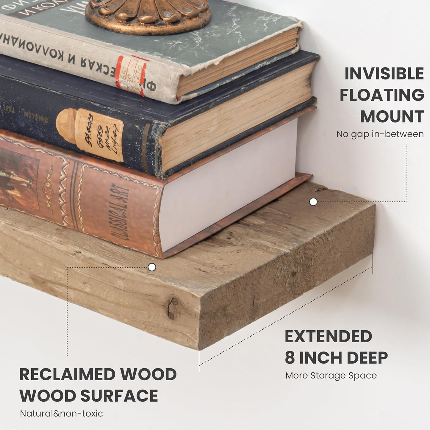 Floating Shelves Reclaimed Barnwood, 8" Deep Solid Wood Floating Shelf Wall Hanging Shelves with Invisible Heavy-Duty Metal Bracket | Wall Mounted | Farmhouse Style | 40 inches,2PCS,Natural