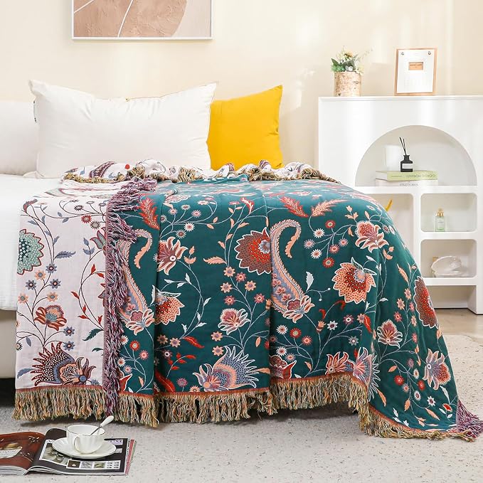 Boho Large Cotton Throw Blanket 80''x90'',Ultra Soft Rustic Quilt,Sofa Throw Cover with Tassels,Farmhouse Lightweight Woven Throw for Bed,Travel,Couch,Home Decor