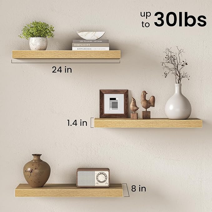 Floating Shelves for Wall, 24 Inch Floating Shelves Set of 2, Wall Mounted Rustic Wood Shelf for Bathroom, Living Room, Bedroom and Kitchen, Hanging Shelf for Storage, Books, Home Decor, Oak
