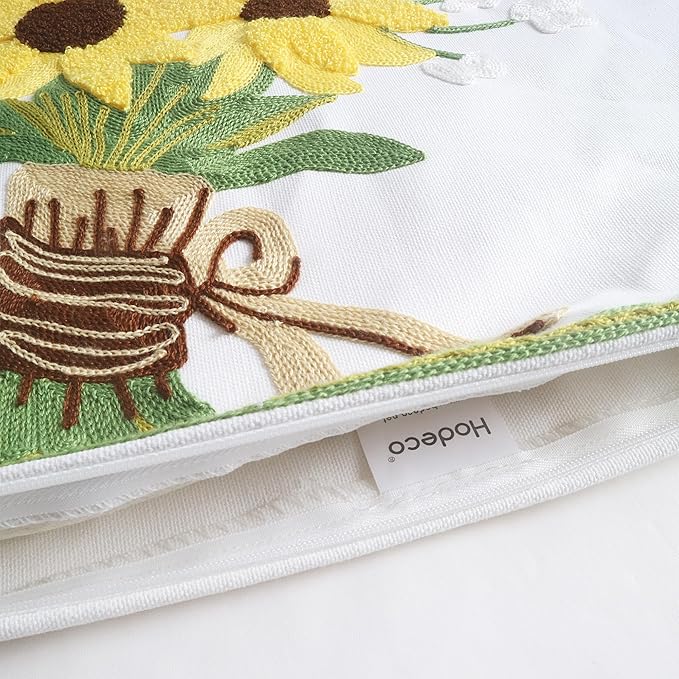 Embroidery Throw Pillow Covers Yellow Floral 18x18 Inch Decorative Cushion Case Tied Sunflowers 100% Cotton Home Decor Embroidered 45x45cm Tied Sunflowers Design, 1 Piece
