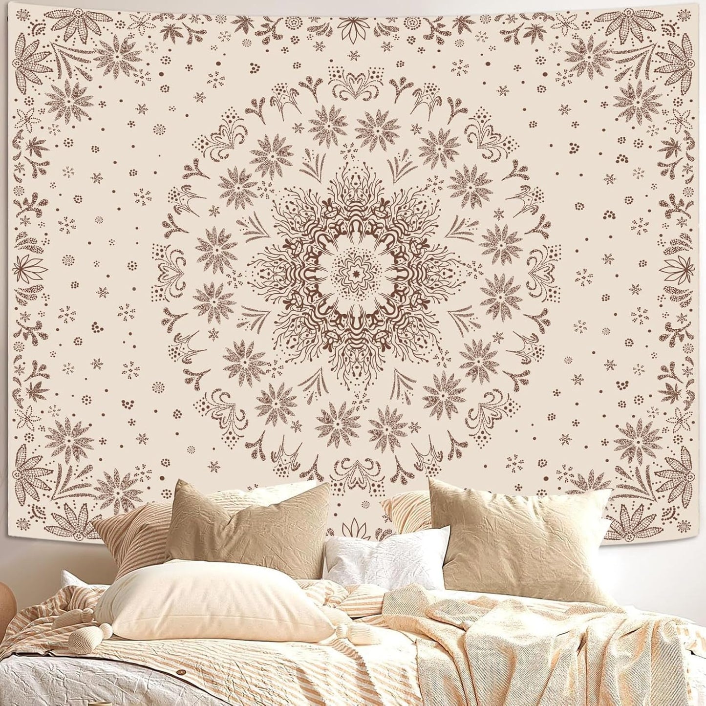 Fowocu Boho Floral Mandala Tapestry Wall Hanging Bohemian Flower Medallion Tapestry Aesthetic Beige Brown Hippie Indian Small Tapestries for Bedroom Living Room Dorm Decor 80 x 60 Inch
