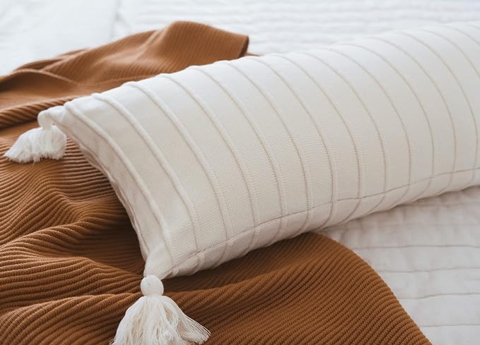 100% Soft Cotton Raised Stripes Textured Rib Knit Lumbar Throw Pillow Cover with Tassels (Butter Cream, 14" x 36")