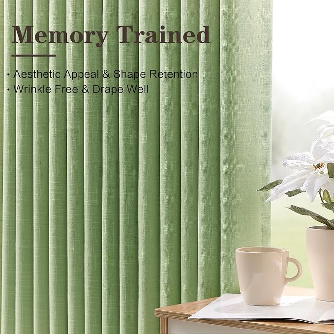 Sage Green 90 Inch Curtains Pinch Pleated Linen Curtain for Living Room, Light Filtering Pleat Drapes Textured Thick Ceiling Boho Semi-Sheer Curtain with Hooks for Farmhouse Study Room, 2 Panels