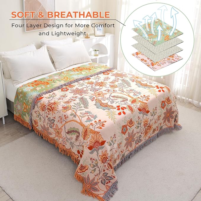 Boho Fall Throw Blanket for Bed,100% Ultra Cotton Soft Breathable Bed Throw Floral Decorative Cottage Farmhouse Decor Rustic Jacquard Bed Throws for Couch Sofa Quilt 60" x 80"-Orange& Sage Green