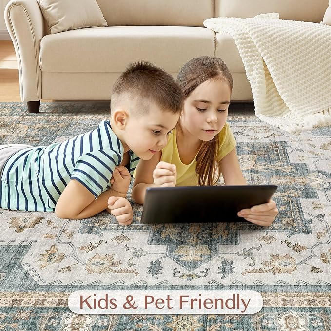 Tortania Area Rug Living Room Rugs - 10x12 Washable Boho Rug Vintage Oriental Distressed Farmhouse Large Thin Indoor Carpet for Living Room Bedroom Under Dining Table Home Office - Muted Teal