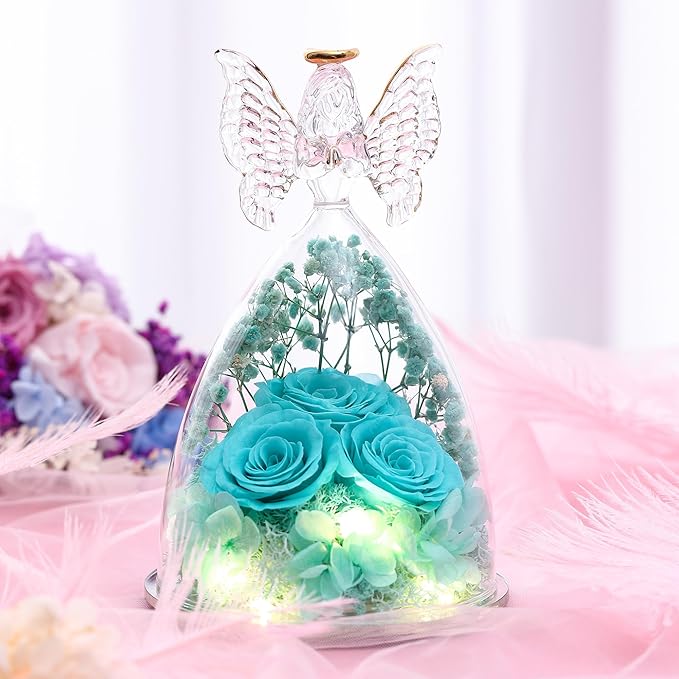 Mothers Day Rose Gifts for Women Preserved Real Flower in Glass Angel Figurines Roses for Delivery Prime Birthday Gifts for Mom Grandma Girlfriend Wife Her - Tify Blue