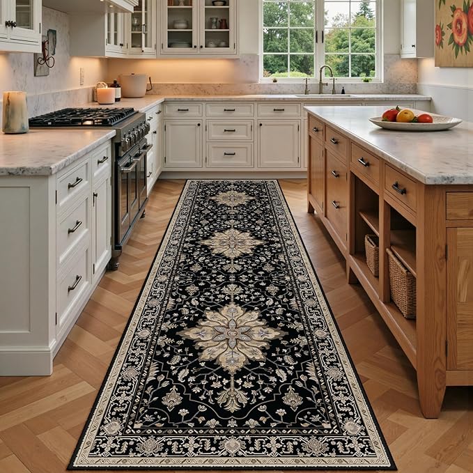 RELEANY Area Rugs 3'x9' Runner Rug Non Slip Washable for Kitchen Hallway Bedroom Beside Laundry Room Bathroom Rug, Floor Carpet, Black Brown Neutral Dark Tan