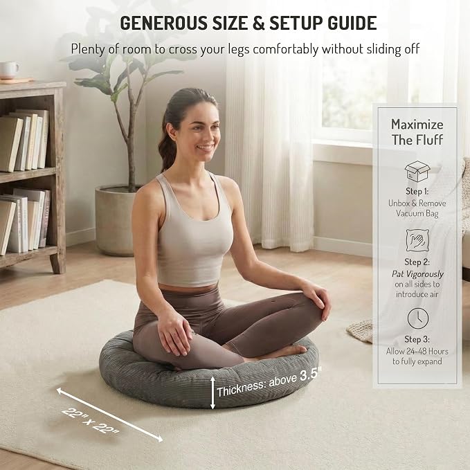 Meditation Floor Pillow Set of 2, Round Large Pillows Seating for Adults, Tufted Corduroy Cushion for Tatami Living Room, Grey, 22 Inch