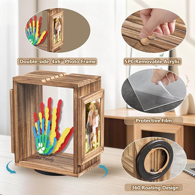 Emfogo 360 Rotating Family Handprint Kit, DIY Craft Keepsake Wooden Frame, Baby Footprint Kit, 5 Paint Colors Included, Non-Toxic Paints&Transparent Sheets, Gifts for Handprint Family Keepsake（Brown
