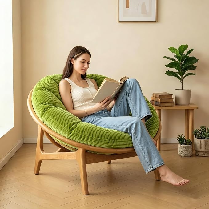 Papasan Breathable Round Chair Cushion (Without Chair) with Detachable Corduroy Cover,48 x 48 x 6 Inch Oversized Round Chair Pad Supportive Cushion, Overstuffed Chair Cushion,Memory Foam Filling,Sage