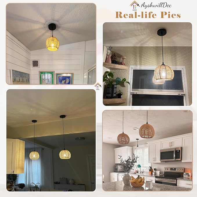 2 Pack Wicker Pendant Light Natural Woven Pendant Light Boho Chandelier Light Fixture Dome Rustic Farmhouse Pendant Lights Rattan Light Fixture for Kitchen Island Dining Room (Bulb Incl.)