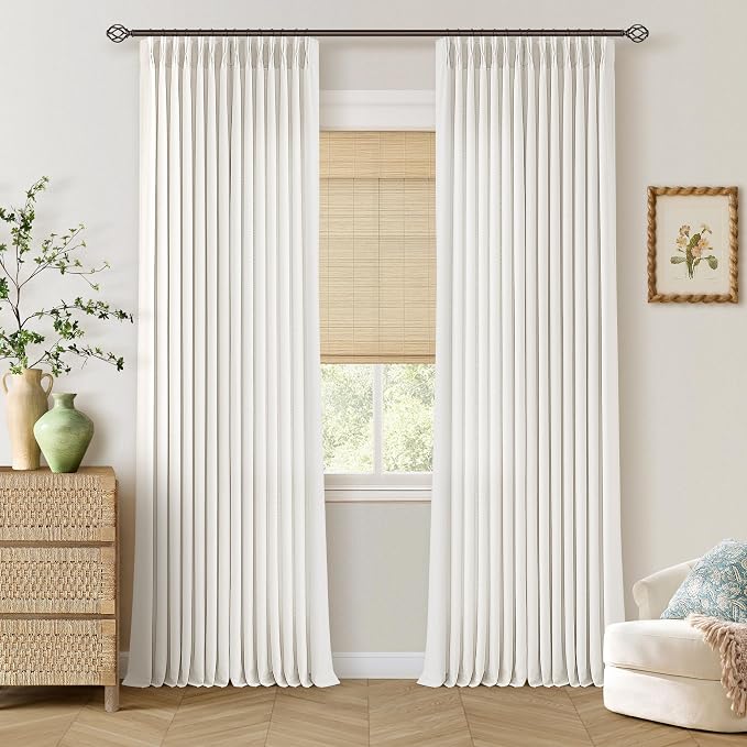 Ivory White Pinch Pleated Linen Curtains 90 Inch Long for Living Room Bedroom 2 Panels Pinch Pleat Drapes Back Tab Light Filtering Semi Sheer Ceiling Floor Length Curtains for Dining Room Office