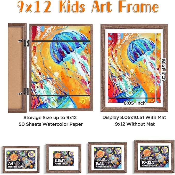 KINLINK 9x12 Kids Art Frame Set of 2, Solid Wood Kids Artwork Frames Changeable with Front Opening Hold 150 Pictures, Art Frames for Kids Art with Mat，without Mat 9x12 Picture Frame Brown Wood