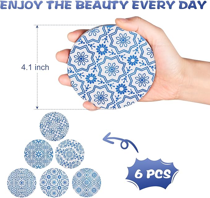 Coasters with Holder,Blue and White Style Ceramic Drink Coaster, Absorbent Coaster Sets of 6 for Tabletop Protection,Suitable for Kinds of Cups,Cool Home Decor, Wooden Table, 4.1 Inches