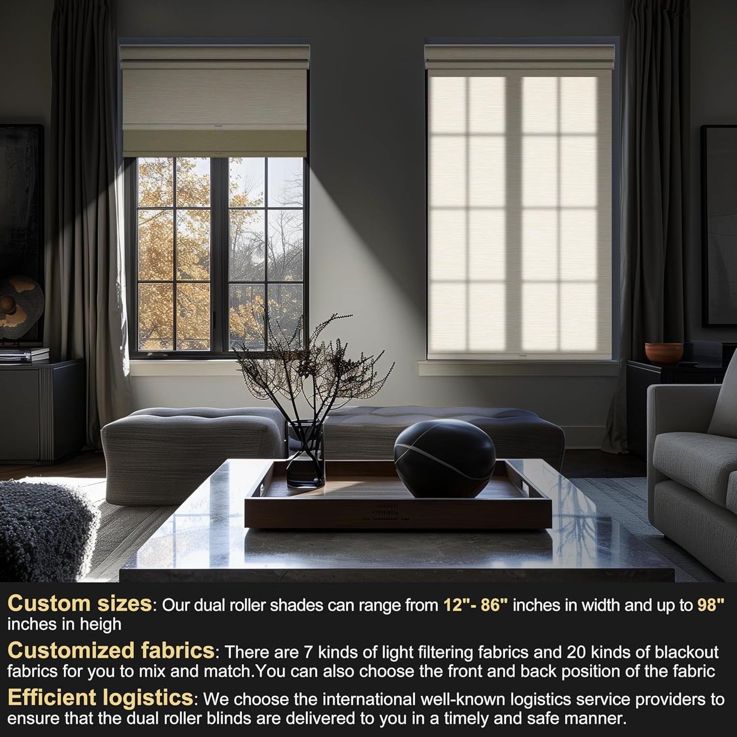 BERISSA Cordless Dual Roller Shades with Cassette Valance, Double Window Shades - Blackout and Light Filtering, Day and Night for Home Office Door. Striped Jacquard Beige. 30 W x 80" H