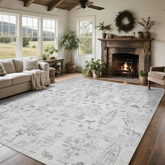 Srugn Washable Rugs 8x10 Area Rugs for Living Room,Bedroom,Dining Room- Large Ultra Soft Faux Wool Retro Carpet,Non Slip&Non-Shedding Low Pile Vintage Rug for Home Office Dorm Playroom-Tree Gray