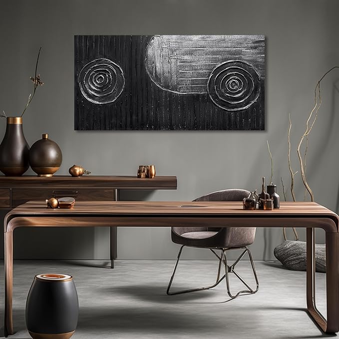 Black and Silver Circles Canvas Wall Art for Living Room Abstract Painting Wall Decor for Dining Room Minimalist Wall Decor for Office Size 24 x 47 Inch