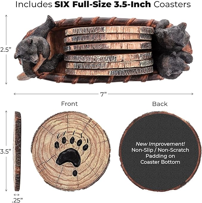 Bear Coasters Set of 6 Full Size Rustic Coasters in Handmade Canoe with Adorable Black Bear Figurines - Log Cabin Decorations, Rustic Lodge Decor for The Home