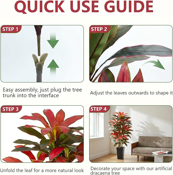 Artificial Red Dracaena Tree - 6FT Tall Fake Plants with Black Square Planter - Artificial Plants Indoor Floor Plant in Pot - Large Tropical Fake Yucca Potted Tree for Home Office Living Room Decor