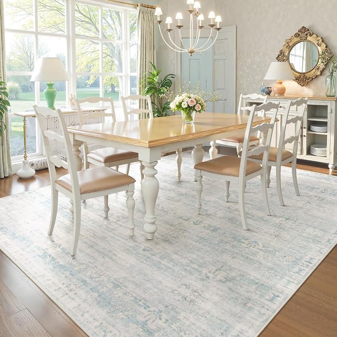 Lahome Blue Rugs for Living Room, 8x10 Distressed Light Blue Area Rugs for Bedroom, Stain Resistant Large Carpets for Dining Room, Soft Non Slip Floor Mat for Kids Room
