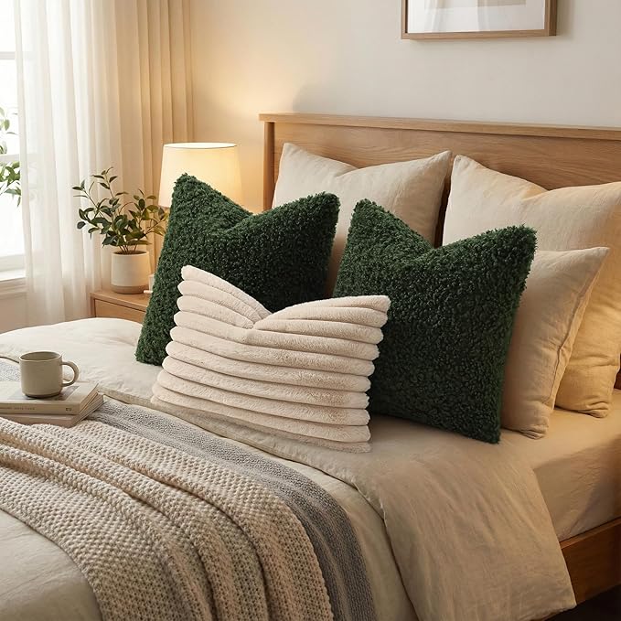 decorUhome Pack of 2 Throw Pillow Covers 22x22 Inch, Faux Fur Decorative Sherpa Pillow Covers Fuzzy Accent Soft Sheepskin Fleece Pillow Cases for Couch Living Room Bed, Olive Green