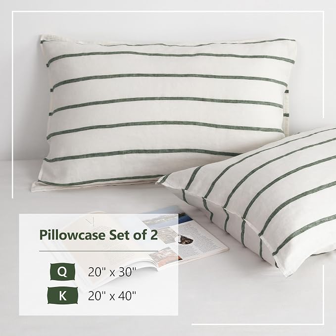 Linen World Striped Linen Pillow Cases Set of 2,20"x40" King Size,100% French Natural Flax Soft Summer Pillow Cases,Olive Green and Cream Stripe