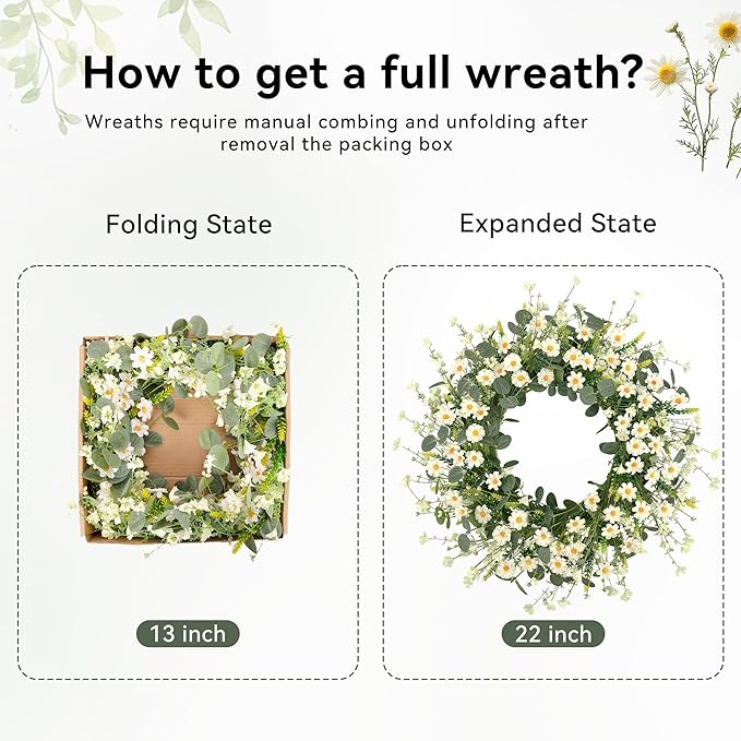 Pinkpum 22 Inch Artificial Daisy Flower Wreath with Eucalyptus Leave Silk Flower White Berries Spring Summer Wreath for Front Door Wall Decor