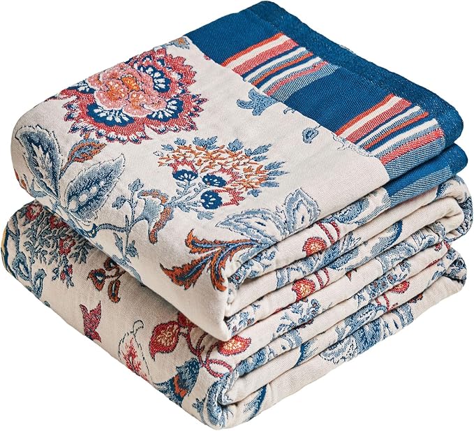 MSGKV Boho Throw Blanket 90"x90" 100% Cotton Floral Blanket for Bed Summer Breathable Lightweight Queen Blankets All Seasons Home Decor Muslin