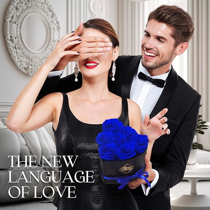 GLAMOUR BOUTIQUE 7 Flower Forever Heart Shape Box, Eternal Preserved Roses Gift for Her, Lasting Flowers, Petite Floral Heart Box for Birthday, Anniversary or Valentine’s Day, Blue (Color-Treated)