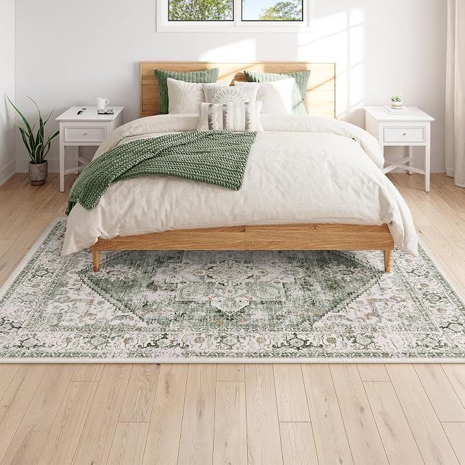 LIVEBOX 6x9 Sage Green Rug for Living Room- Large Oriental Rug for Bedroom, Non-Slip Retro Dining Room Rugs for Under Table, Low-Pile Soft Vintage Rugs for Office Guest Room