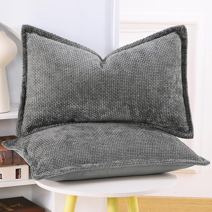 MADIZZ Decorative Chenille Velvet Throw Pillow Covers Set of 2 Soft Boho Textured Neutral Couch Throw Pillow for Bed Modern Farmhouse Home Decor for Sofa Livingroom Dark Grey 12x20 Inch